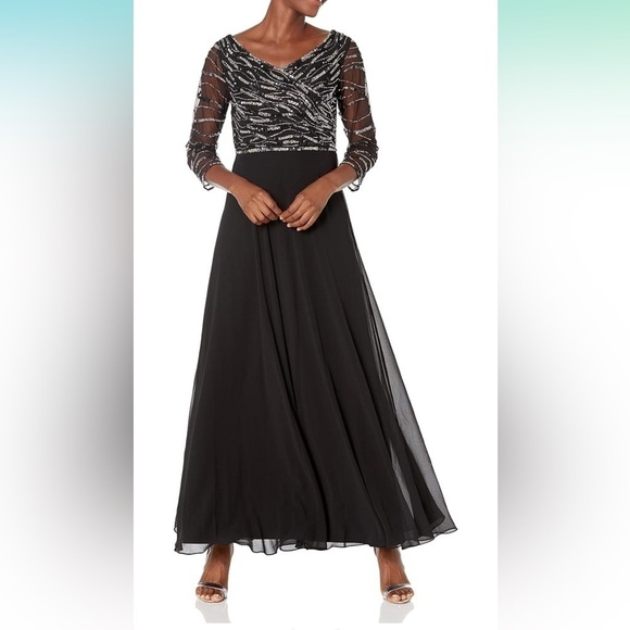 NWT JKara Women's Size 8 Black Maxi 3/4 Sleeve Beaded Gown - Picture 1 of 13